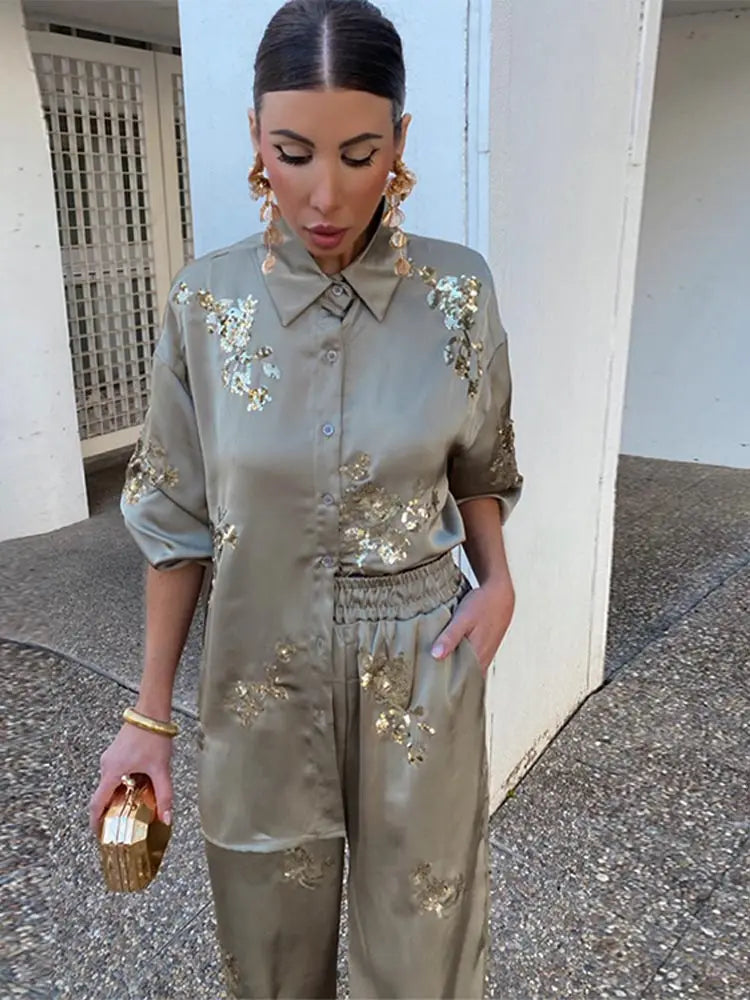 Fashion Casual Sequinned Shirt Suit For Women Chic Lapel Long Sleeves Top Elastic Waist Long Pants Set Spring Lady Elegant Suits