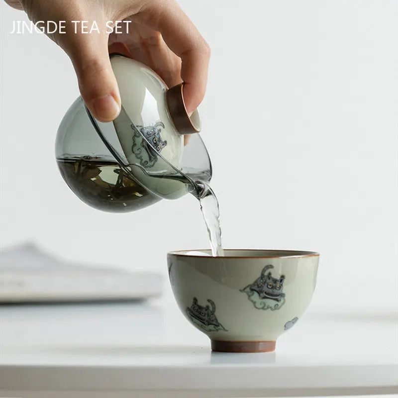 Periuk teh seramik mudah alih dan cawan set teh butik set cina buatan tangan buatan tangan gaiwan gaiwan minuman adat periuk dan cawan
