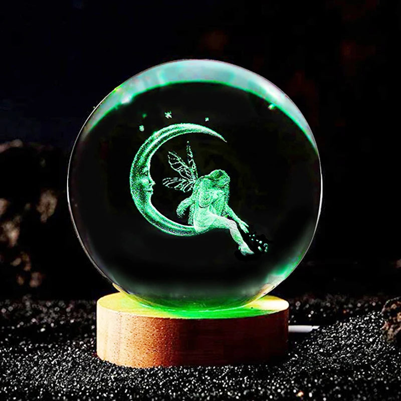 3D Moon & Fairy Laser Graved Crystal Ball Flerfärgad nattljus, födelsedag, jul, alla hjärtans dag gåva till flickvän