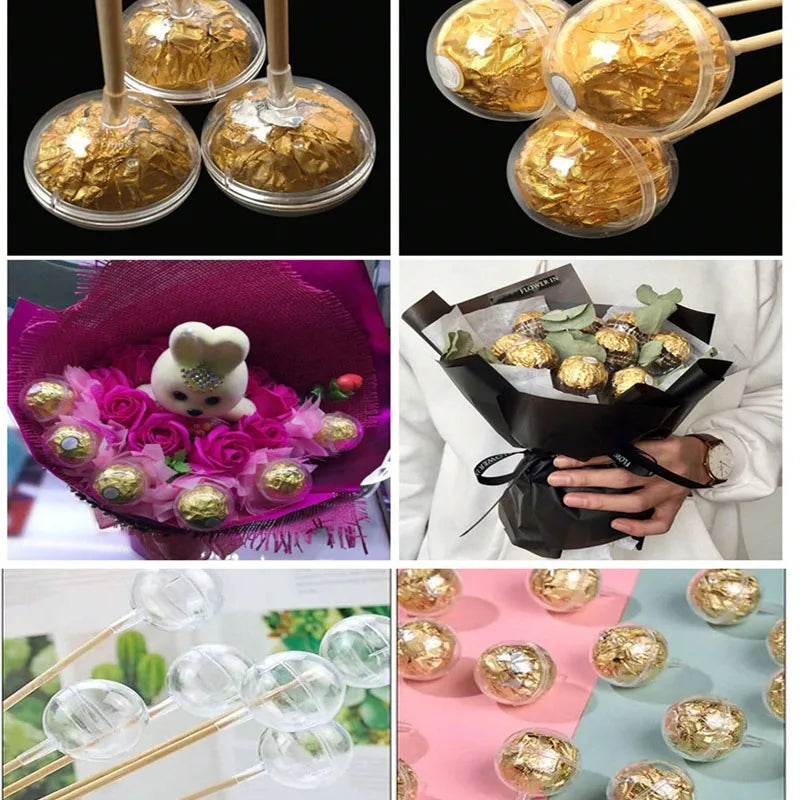 Um conjunto de 20 prateleiras de flores de chocolate DIY, esferas transparentes, espetos de bambu, prateleiras de flores, reuniões de dias comemorativos