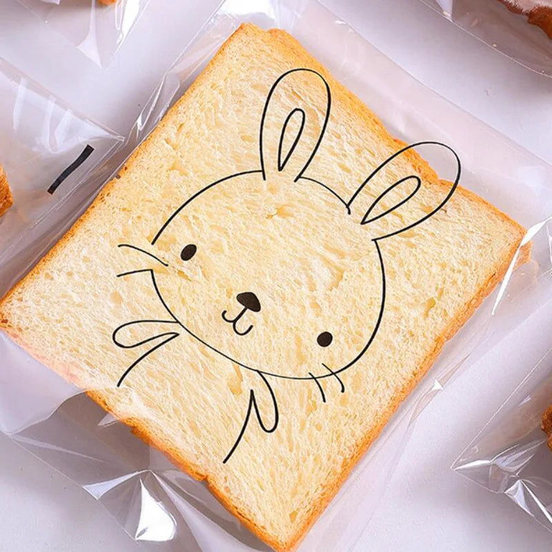 50/100 pezzi da regalo per caramelle autoadesive trasparenti graziosi biscotti di toast al pane al pane per anali con coniglietto.