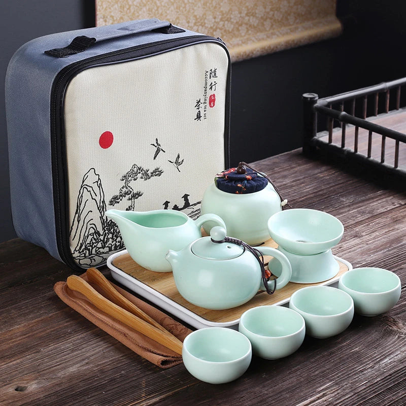 Taşınabilir seramik çayware seti Çin kung fu teapot gezgin çaylak çanta çay teaset gaiwan çay bardağı çay töreni