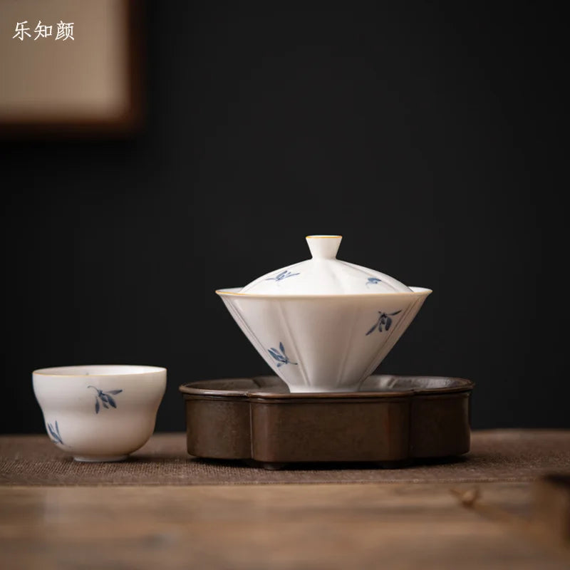 Handmålad phalaenopsis underglasyr keramik kung fu te set enkel hushåll stor litterati täckt skål bambu hatt gaiwan bar