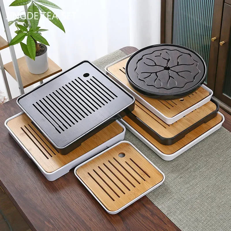 Bamboo Tea Tray Household Tea Set Accessories Small Tea Board Water Storage and Drainage Wet and Dry-use Tray Teaware Decorative