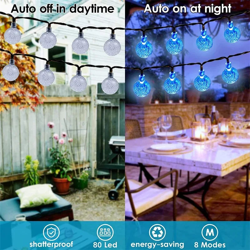 Sluneční strunná světla Outdoor 60 LED Crystal Globe Lights s 8 režimy Vodotěsný solární terasa pro zahradní párty