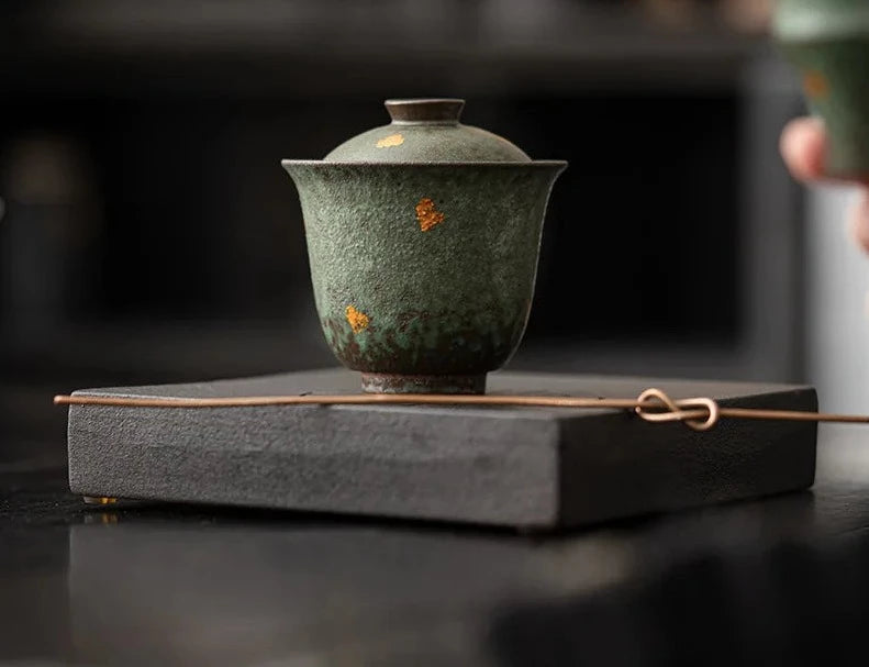 90 ml de bronce retro glaseado gaiwán de lujo bocete de oro con tapa tapa tre treen té para té para el té de té de cubierta cha artesanía