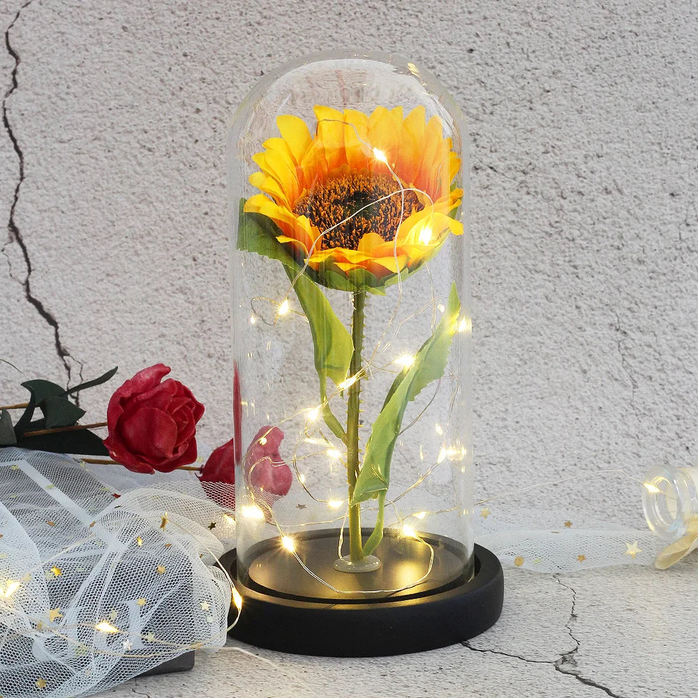 Flor inmortal artificial La belleza y la bestia de girasol de vidrio Dome Día de la madre regalo de Navidad para decoración de la boda