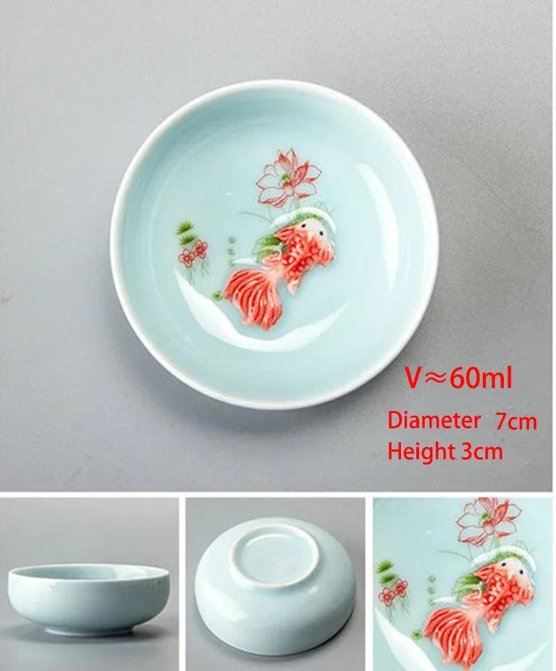 Celadon 3D sazan kung fu çay seti 1 çaydanlık 1 çay fincanı gongfu çay setleri fincan ve kupalar kahvehane çaylakları çay bardakları gaiwan fincan