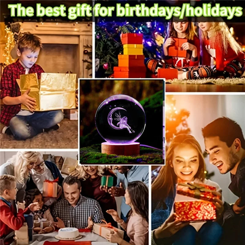 كرة بلورية ثلاثية الأبعاد محفورة بالليزر على شكل قمر وجنية، ضوء ليلي متعدد الألوان، عيد ميلاد، عيد الميلاد، هدية عيد الحب لصديقتك