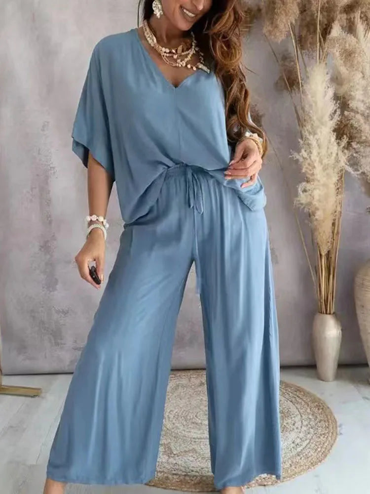 2023 Long Pant Sets Summer two piece set For Women V neck Bat Sleeve Casual Loose Wide-leg Pants 2 piece set solid color Outfits