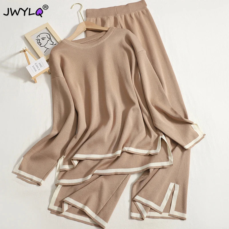 2023 Autumn Winter O-neck Long Sleeve Side Slit Pullover Sweater+high Waist Wide Leg Pants Two Piece Set Women Casual Tracksuit