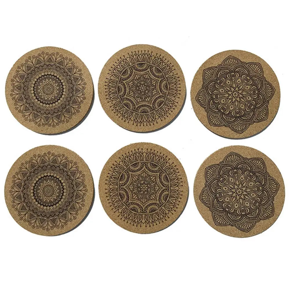 6 pcs/1set Nordic Mandala Design Round Wooden Coasters Table Placemat Coffee Cup Mat Desk Nold-Slip Heat Isolation Tea Pad