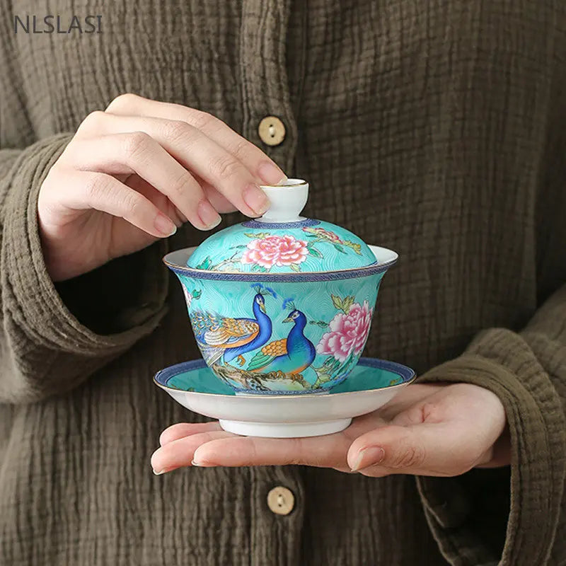 180ml Jingdezhen Ceramic Gaiwan Enamel Color with Cover Tea Cup Sancai Tea Bowl Chinese Porcelain Tea Set Household Tea Infuser