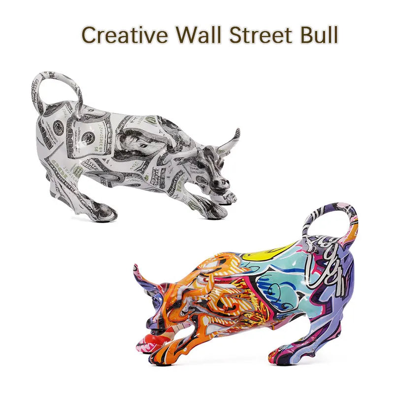 Graffiti Painting Bull Figurines Résine Wall Street Bull Ox Statue Salon Animal Artisanment Ornements du bureau à domicile Décor