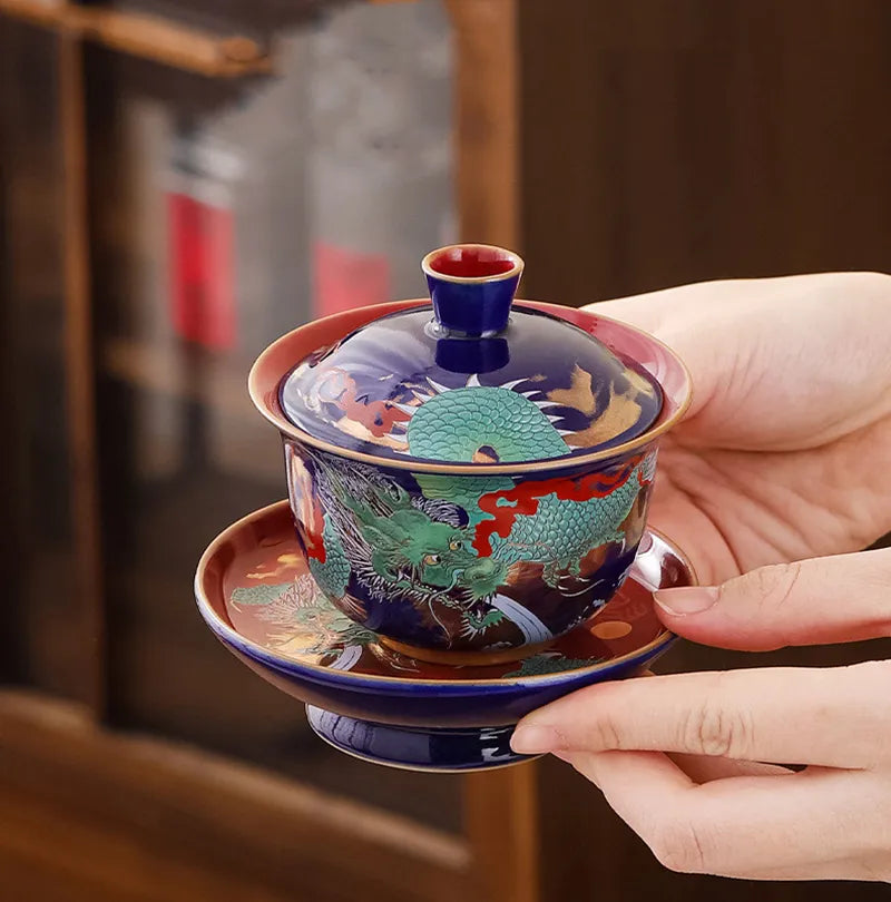 Emalje te skål med låg tre cai gaiwan udsøgt keramisk te cup kinesisk te krus gaver luksuriøs infuser rejse teacup