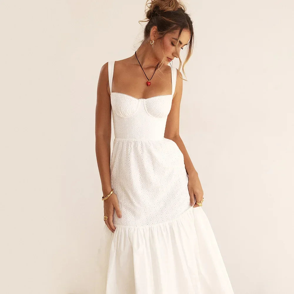 Mingmingxi White Women's Summer Dress 2023 Linen-cotton Blend Jacquard Dress Elegant Sexy Midi Vacation Holiday Dress
