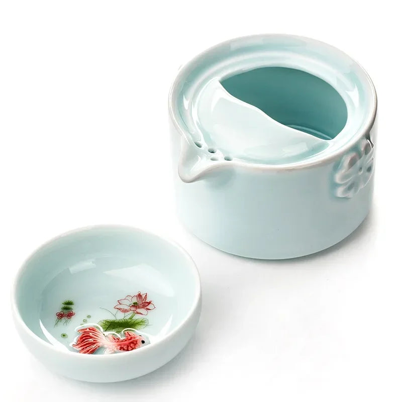 Celadon 3D Carp Kung Fu Tea Set Include 1 TeaPot 1 TeaCup Gongfu Tea Sets Cups and Mugs Coffeeware Teaware Teacups Gaiwan Cup