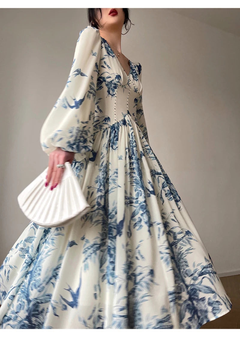 French Vintage Floral Print Midi Dresses for Women 2023 New Summer Elegant Party V-Neck Lantern Sleeve Casual Female Clothing