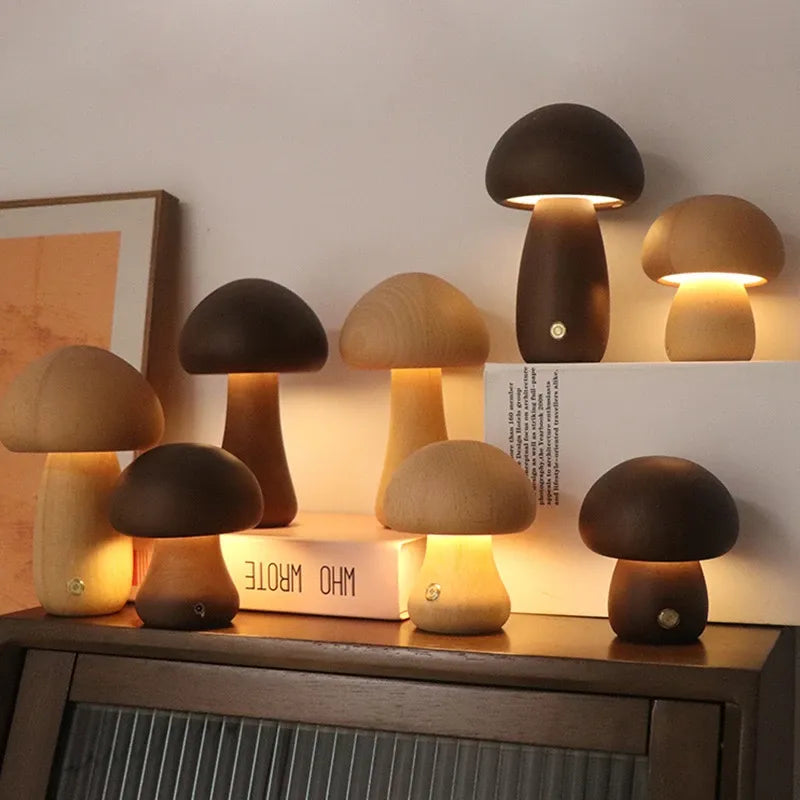 Leuke paddestoel LED Nacht licht houten nachtkastje lampje met aanraakschakelaar kamer decoratie hoog niveau milieupaddenstoellamp
