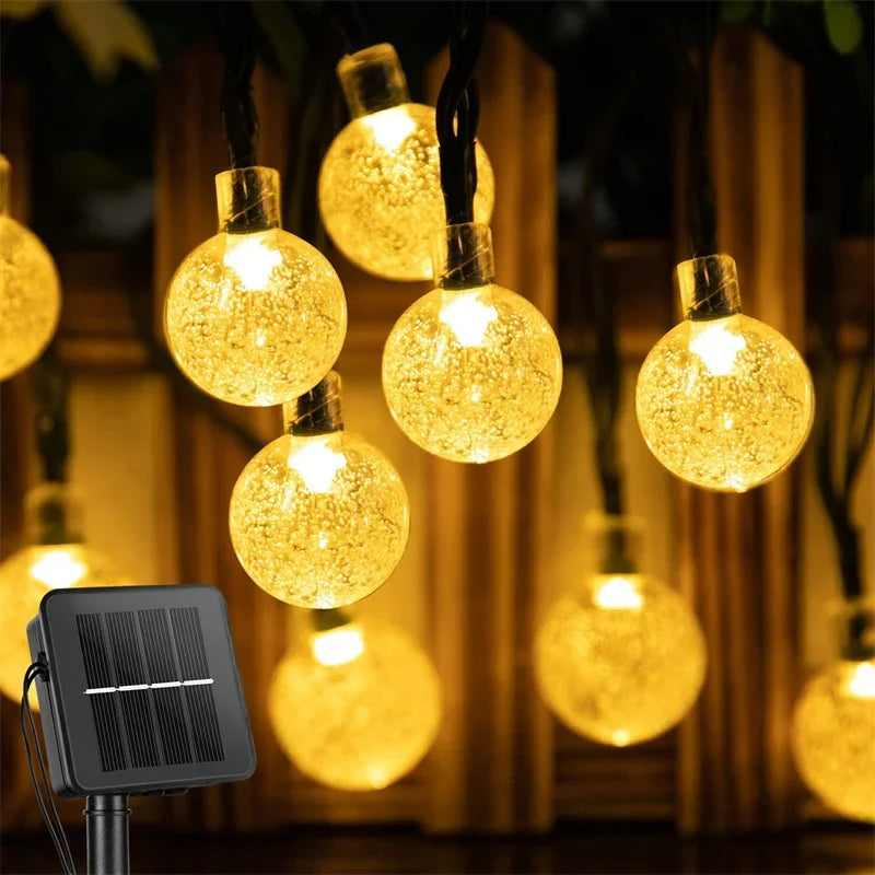 Lampu String Solar Luaran 60 lampu Globe Crystal LED dengan 8 mod Cahaya Patio Powered Solar Waterproof untuk Hiasan Pesta Taman