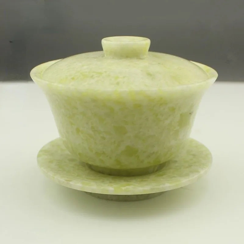 Přírodní nefrity Gaiwan Health Gongfu Teaware Originální čínská jades Stone Bowl Cover Táka
