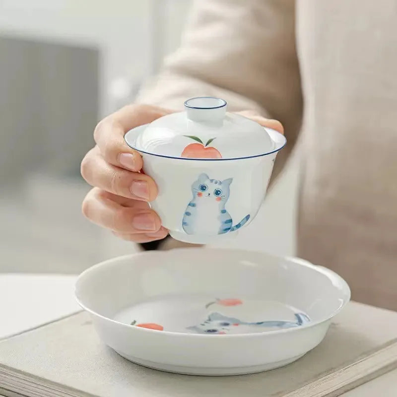 Hand Painted Cat Tureen Single Ceramic Gaiwan Tureen Household Tea Brewing Bowl White Porcelain Kung Fu Tea Set Gaiwan Set