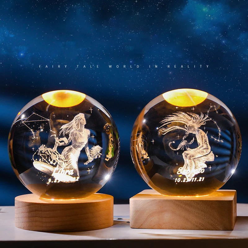 3D Constellation Crystal Ball Night Light Laser Engraved Birthday Gift Glass Sphere Home Desktop Decoration with Wooden USB Base