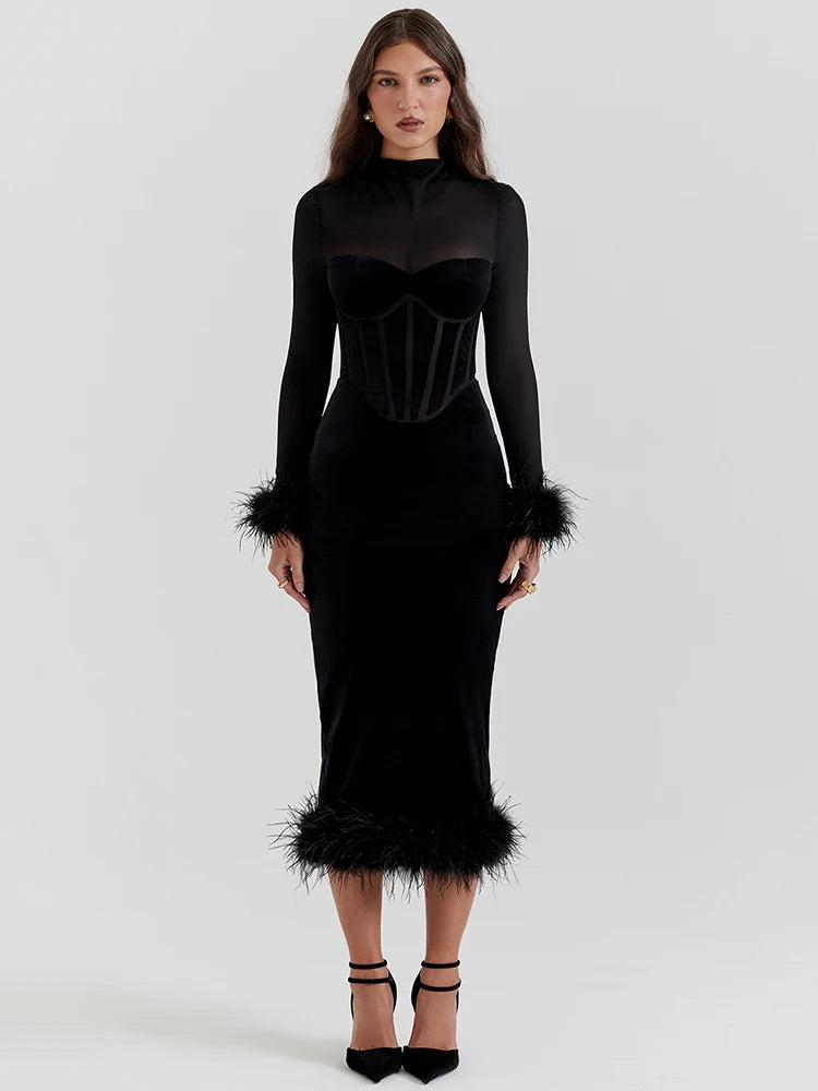 Mozision Elegant Feather Sexy Midi Dress For Women Black Fashion Sheer Long Sleeve Backless Bodycon Club Party Long Dress