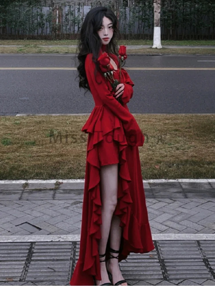Autumn Red Vintage Elegant Dress Women Flare Sleeve Designer Sweet Long Dress Female Ruffles Retro Princess Irregular Dress 2024