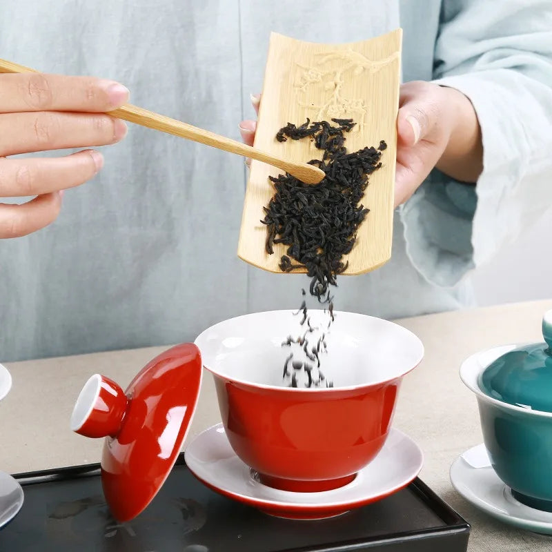 Indigo Glaze Ceramic Tea Tureen Cup Blue Gaiwan Tea Porcelain Pot Set Travel Kettle Handmålad röd täckskål TEA SET 180 ml