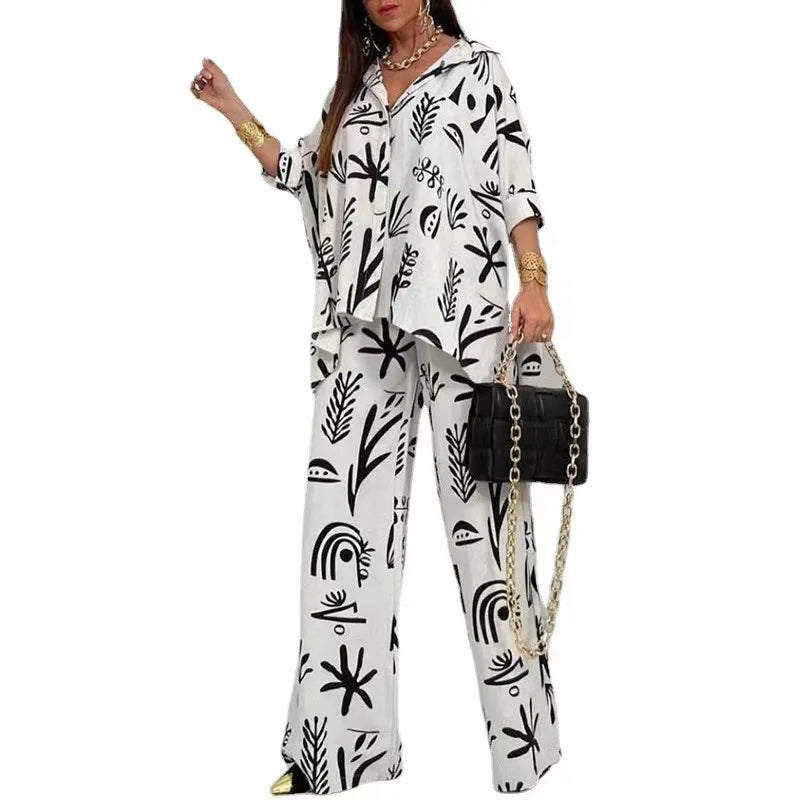 2023 Autumn Wide Leg Pants Two Piece Sets Outfits Womens Spring Long Sleeve Button Down Shirt Suit Casual 2pcs Set For Female