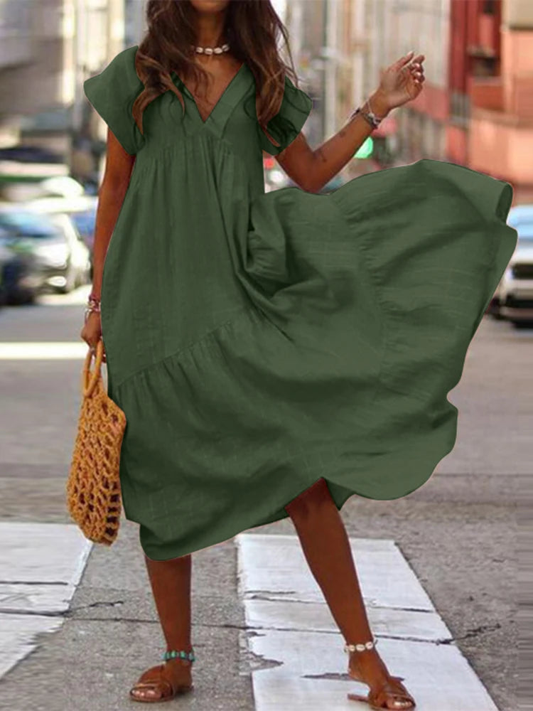 Bohemian Summer Womens Sundress ZANZEA Fashion V Neck Midi Vestidos Female Solid Ruffle Dresses Asymmetrical Robe