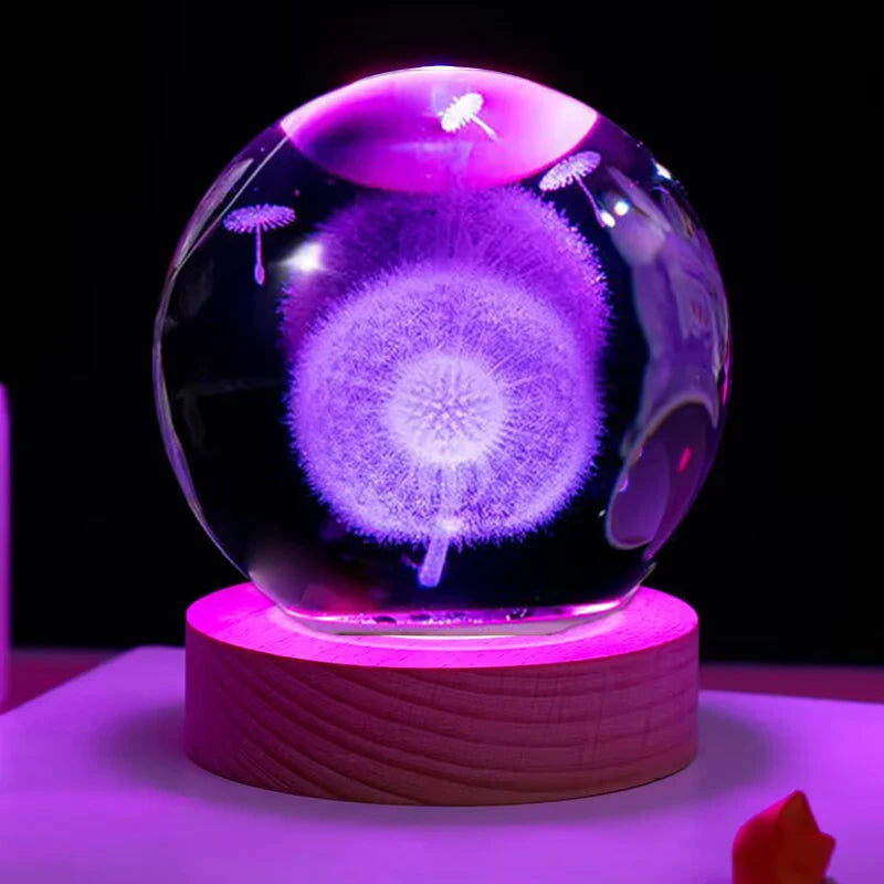 Láser 3d Dandelion Grabado Bola de cristal Colorida Noche Noche Luz de regalo de cumpleaños Enviar a hombres y mujeres Amigos Esposa Hijos