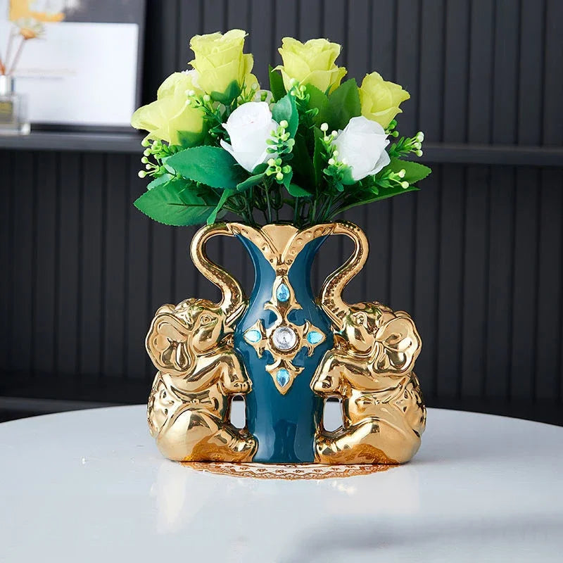 Moderno Double Elephant Swan Cerâmica Vaso Artificial Conjunto de Flores de Flors Clube de Mobiliário Artesanato Decoração de Figuras para Desktop Home