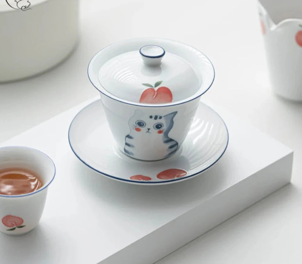 150 ml handbemalte Katzenkeramik Gaiwan Luxus Teeschale mit Untertassen Deckel Kit Tee Tureen Tee Maker Cover Bowl Cafes Supplies Handwerk