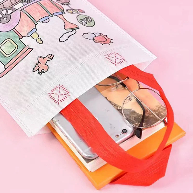 색칠 표시 마커가있는 DIY 색칠 goodie 가방 아이 장난감 장난감 가방 에코 비직 패브릭 쇼핑백을위한 파티 선물 가방
