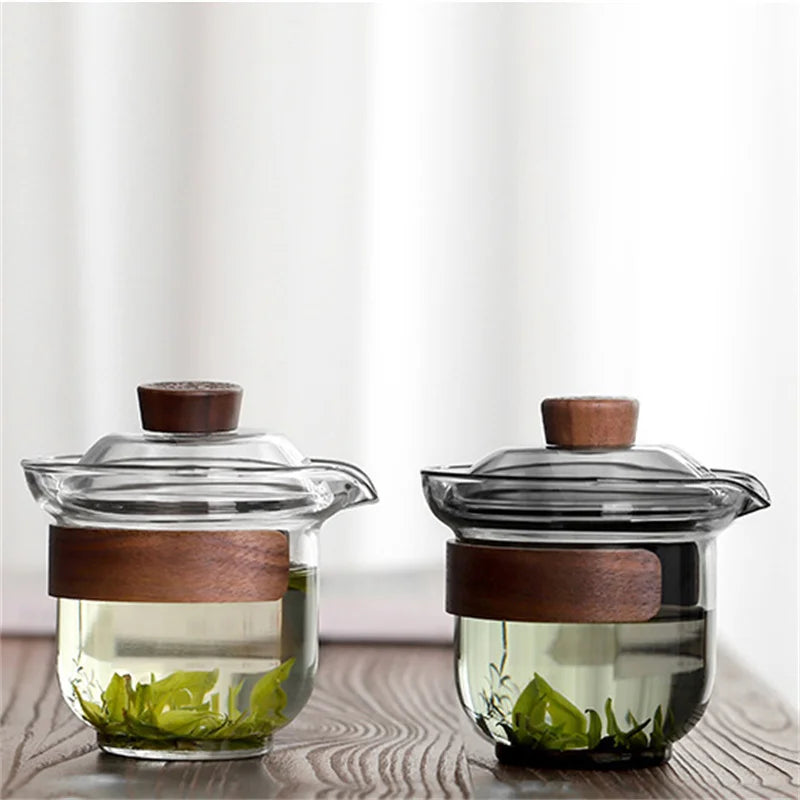 Traditional Chinese Kung Fu Tea Set Heat-resistant Glass Sancai Gaiwan Tea Cup with Walnut Wood Scald Chahai Tea Tureen Teaware