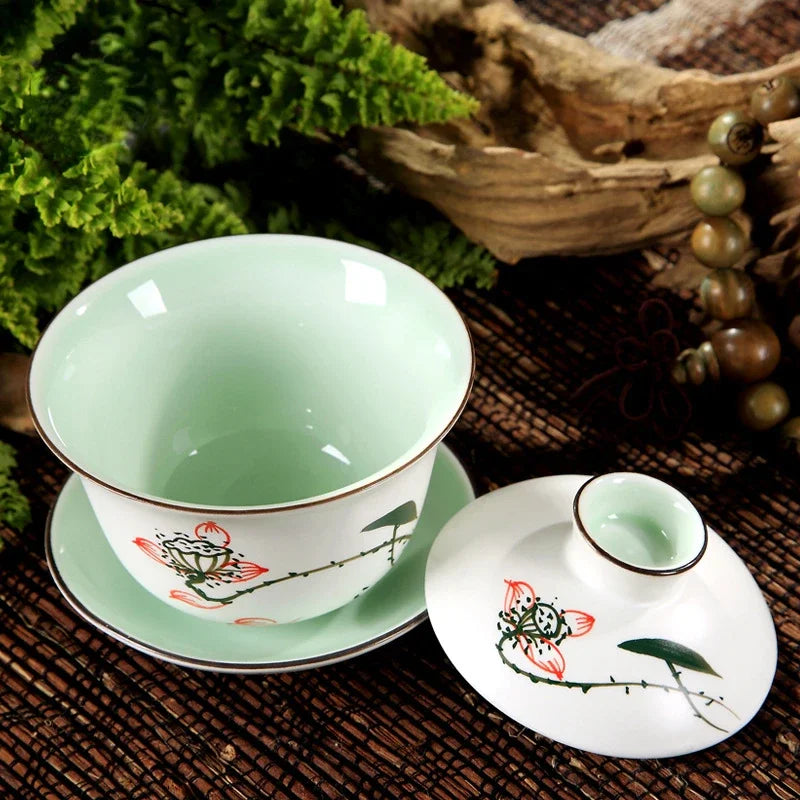 الصينية الأنيقة السيراميك Sancai Gaiwan اليدوية الخزف الشاي السلطانية كوب الكونغ فو Teaware المنزل فناجين الشاي سلطانية