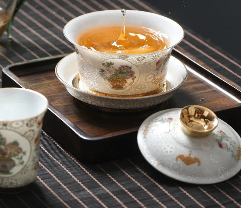 Goldpalace Handcraft Enamel Berwarna Gaiwan Estetika Mangkuk Keramik Dengan Tutup Teh Tureen Tea Maker Cover Bowl Collection Teaset