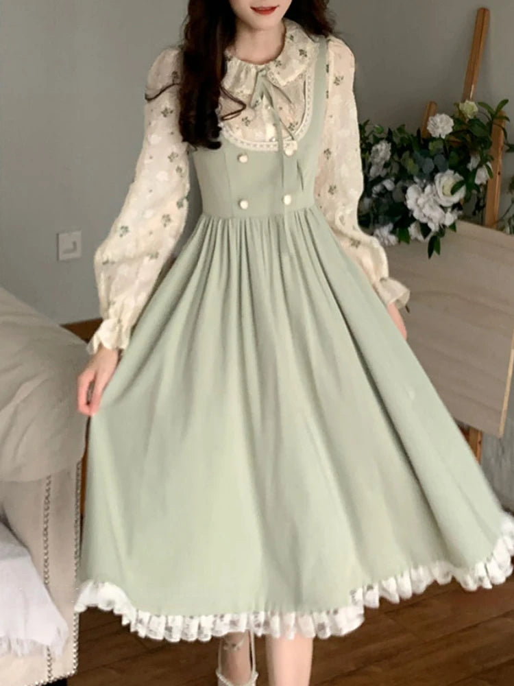 Green Elegant Vintage Strap Dress Women 2023 Spring Lace Evening Party Midi Dresses Ladies Retro Korean Sweet Kawaii Fairy Dress