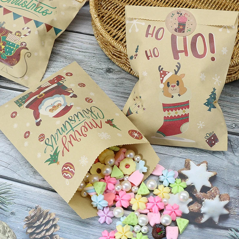 24Set Christmas Gift Bag Kraft Paper Bags Santa Claus Snowman Xmas Party Candy Bag Cookie Xmas Packaging Bag Pouch Wrapping
