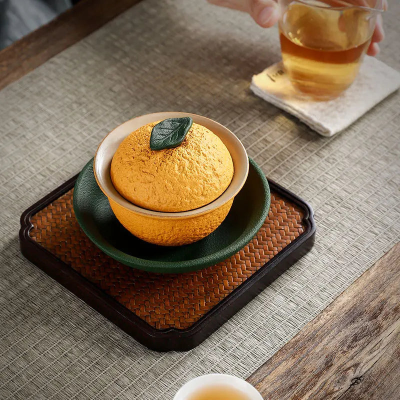 Kinesisk sancai gaiwan handgjorda keramik te cup skål kreativ orange form te tureen för hemmabruk keramisk pigmenterad teseware set