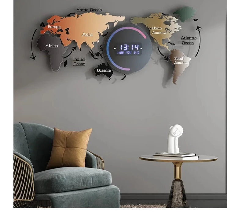 Kreative Weltkarte Smart Uhren mit Kalender Thermometer Wohnkultur Wohnzimmer Reloj de pared 3D große intelligente Wanduhr Neue