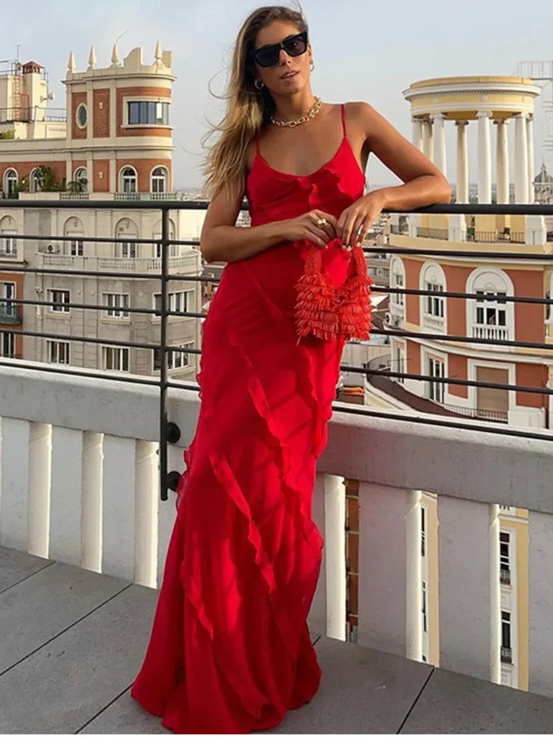 2024 Elegant Red Chiffon Slip Dresses for Women Sexy Spaghetti Strap Backless Lace-up Ruffles Long Maxi Evening Party Prom Dress