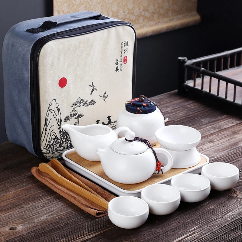 Taşınabilir seramik çayware seti Çin kung fu teapot gezgin çaylak çanta çay teaset gaiwan çay bardağı çay töreni