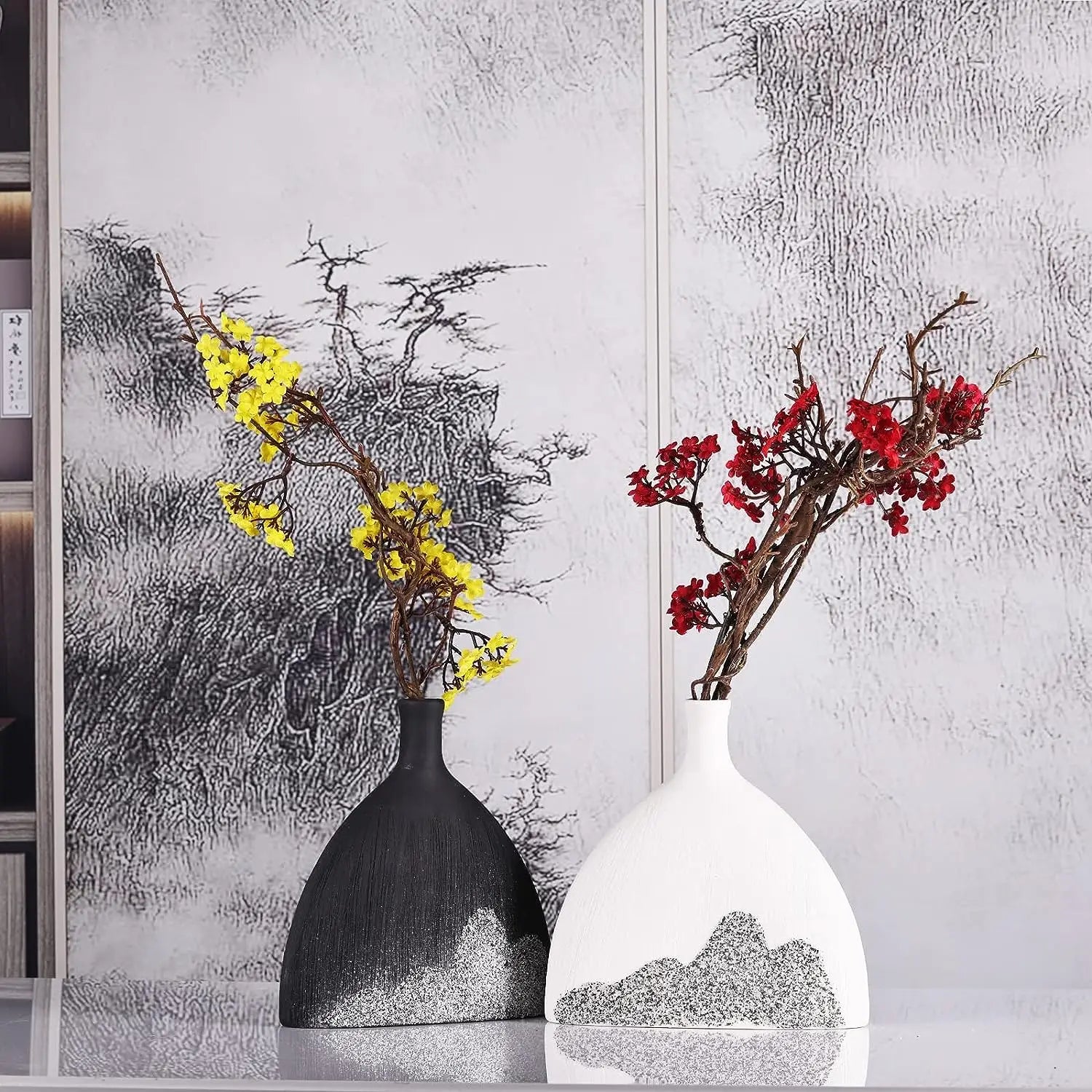 2 개의 흑백 세라믹 꽃병 조경 아트 꽃병 스칸디나비아 스타일 데스크탑 장식 장식 홈 독특한 선물