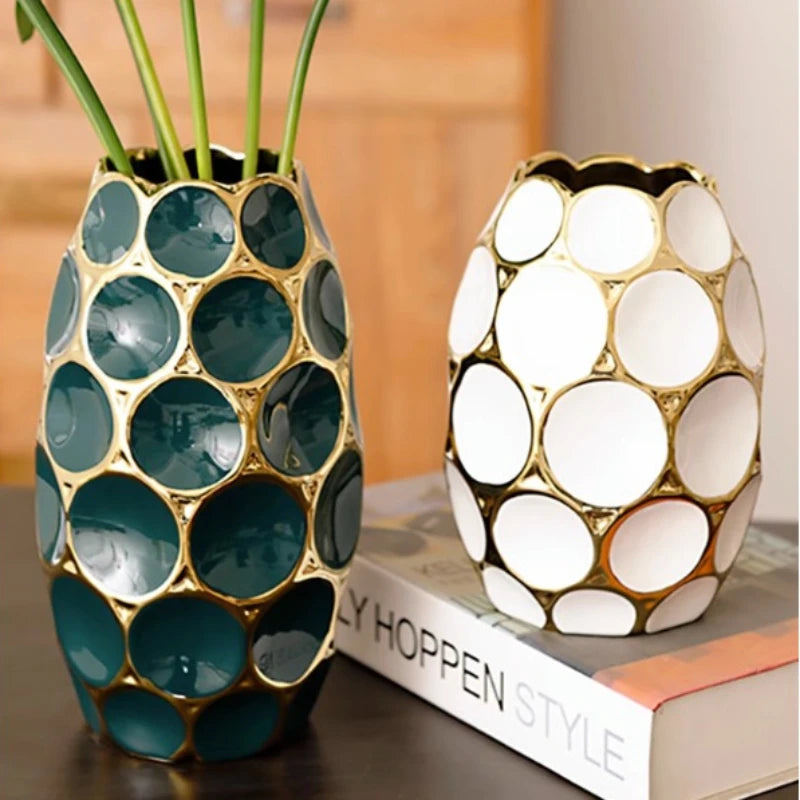 Porcelana china gran jarrón de cerámica de cerámica interior de oro de lujo botella de flores cerámica adornos para el hogar adornos hogar