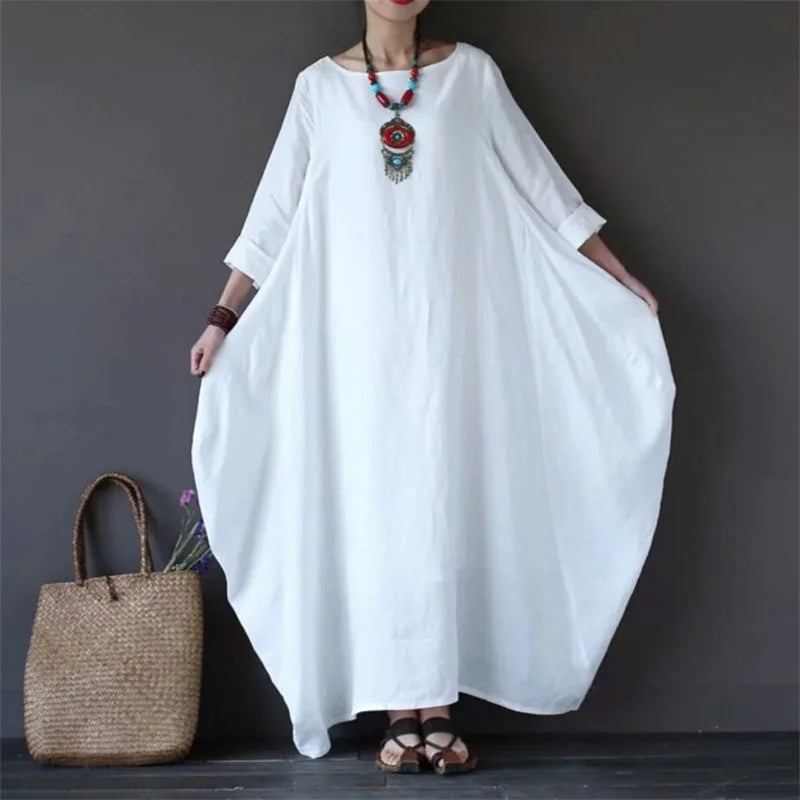 2022 Spring New Loose Size Round Neck Mid-Sleeve Large Swing Cotton And Linen Long Dress