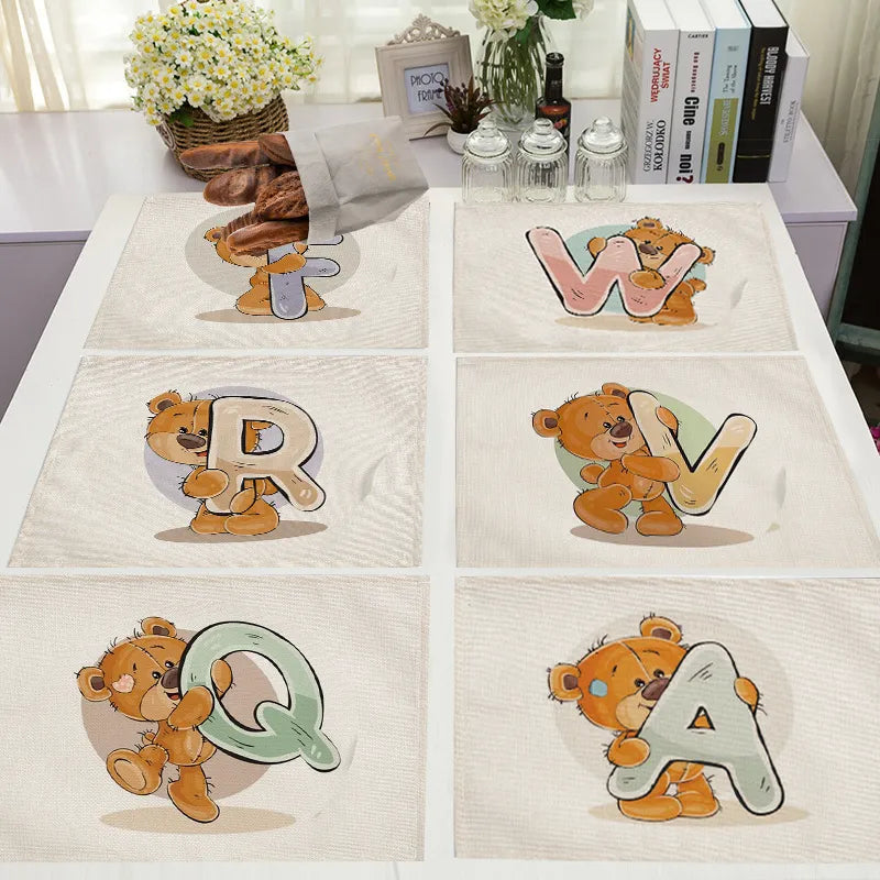 Kartun Lucu Animal Beruang Dapur Dapur untuk Anak-anak Anak Bahasa Inggris Alfabet A-Z Print Cotton Linen Meja Makan Coaster