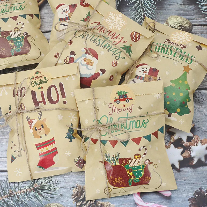 24Set Christmas Gift Bag Kraft Paper Bags Santa Claus Snowman Xmas Party Candy Bag Cookie Xmas Packaging Bag Pouch Wrapping